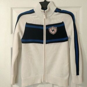 Tommy Hilfiger boys White and Blue striped sleeve zip up sweater size M (8-10)